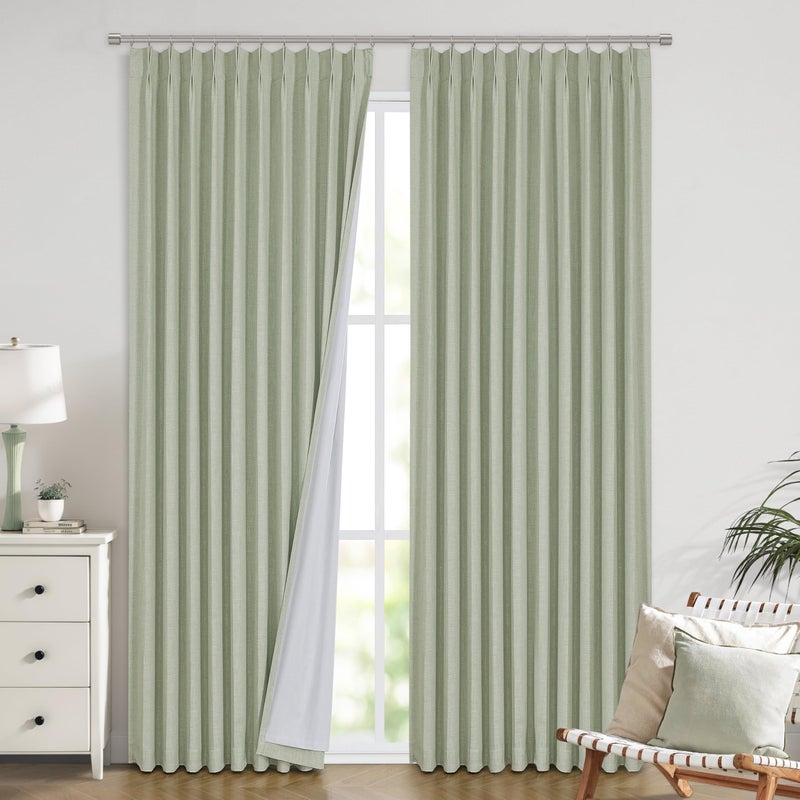 Vision Home Soft Green Pinch Pleated Full Blackout Curtains Linen Blended Room Darkening Window Curtains 112 inch for Living Room Bedroom Thermal Insulated Pinch Pleat Drapes with Hooks 60"" Wx112 Lx1 - Image 2